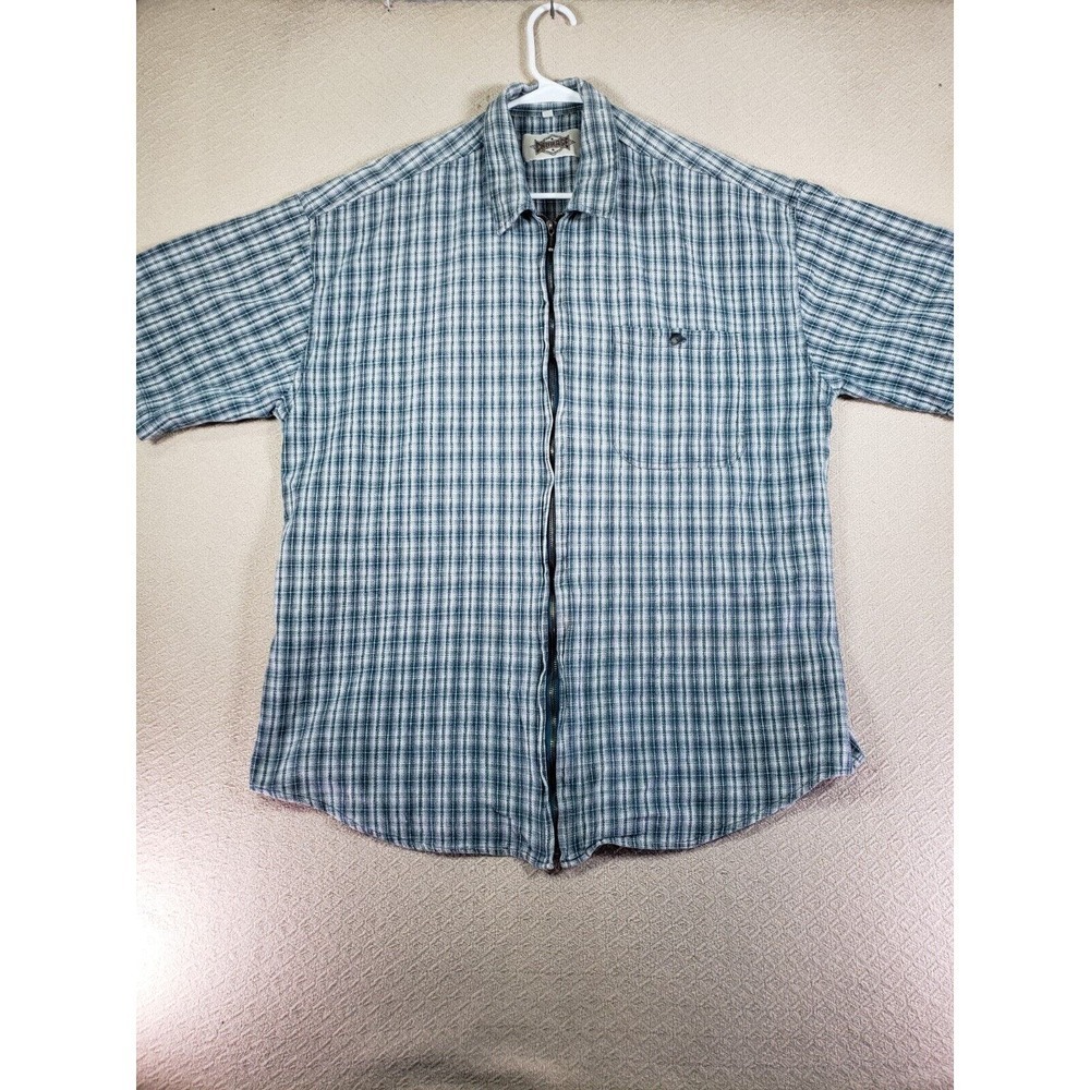 Courage Shirt Mens XL Blue Plaid Collared Full Zip Up Short Sleeve Collar Y2K